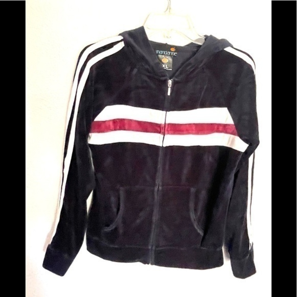 MANDARINE navy front striped zip up hooded sweater jacket size XL